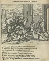 An illustration from Den spiegel der Spaensche tierannije, geschiet in Westindien : waerin te sien is de onmenschelijke wreede feÿten der Spanjaerden met samen de beschrijvinge der selver lant en volcken aert en nature allen vaderlant lieuende en vrome voorsta[n]ders ten exempel voor gestelt (1620)