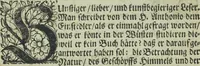 An illustration from Wolffgangi Hildebrands neu-vermehrt, vortrefflich, ausserlesen curieuses Kunst und Wunderbuch : darinnen begriffen wunderbahre Geheimnüsse und Kunststücke, wie man nemlich mit dem gantzen menschlichen Cörper zahmen und wilden Thieren, Vogeln, Fischen, Ungezieffern, allerley Gewächsen und Pflantzungen : auch sonsten fast unerhörte wunderbahrliche Sachen verrichten : auch etliche Wunder-Schrifften künstlich zu bereiten : zu löblicher und lustiger Ubung gebrauchen und die Zeit nützlich zu vertreiben, beneben Erzehlung vieler wunderlichen Dingen, so hin und wieder in der Welt gefunden werden : mit angehengter Beschreibung des Paradiess Luft-Garten und Planetenbuche, dabey eine vollkommene Beschreibung der Physiognomiae, Chiromantiae und Distillir-Kunst (1704)