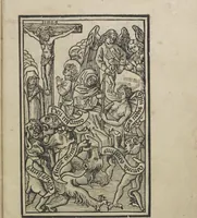 An illustration from Ars morie[n]di, ex varijs Scripturaru[m] sente[n]tijs collecta cu[m] figuris, ad resistendum in mortis agone dyabolice sugestio[n]i valens, cuilibet Christifideli vtilis ac multum necessaria (1500)