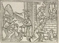 An illustration from Eyn gar loblich ... Cronica sagend von eynem heyligen Kunig mit Namen Josaphat, wie der ward bekeret von eynem heyligen Vatter vnnd Aynsideln genant Barlaam (1476)