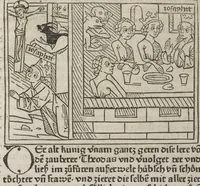 An illustration from Eyn gar loblich ... Cronica sagend von eynem heyligen Kunig mit Namen Josaphat, wie der ward bekeret von eynem heyligen Vatter vnnd Aynsideln genant Barlaam (1476)