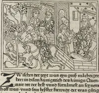 An illustration from Eyn gar loblich ... Cronica sagend von eynem heyligen Kunig mit Namen Josaphat, wie der ward bekeret von eynem heyligen Vatter vnnd Aynsideln genant Barlaam (1476)