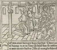 An illustration from Eyn gar loblich ... Cronica sagend von eynem heyligen Kunig mit Namen Josaphat, wie der ward bekeret von eynem heyligen Vatter vnnd Aynsideln genant Barlaam (1476)