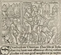 An illustration from Eyn gar loblich ... Cronica sagend von eynem heyligen Kunig mit Namen Josaphat, wie der ward bekeret von eynem heyligen Vatter vnnd Aynsideln genant Barlaam (1476)
