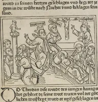 An illustration from Eyn gar loblich ... Cronica sagend von eynem heyligen Kunig mit Namen Josaphat, wie der ward bekeret von eynem heyligen Vatter vnnd Aynsideln genant Barlaam (1476)