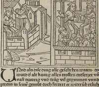 An illustration from Eyn gar loblich ... Cronica sagend von eynem heyligen Kunig mit Namen Josaphat, wie der ward bekeret von eynem heyligen Vatter vnnd Aynsideln genant Barlaam (1476)