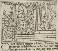 An illustration from Eyn gar loblich ... Cronica sagend von eynem heyligen Kunig mit Namen Josaphat, wie der ward bekeret von eynem heyligen Vatter vnnd Aynsideln genant Barlaam (1476)