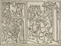 An illustration from Eyn gar loblich ... Cronica sagend von eynem heyligen Kunig mit Namen Josaphat, wie der ward bekeret von eynem heyligen Vatter vnnd Aynsideln genant Barlaam (1476)