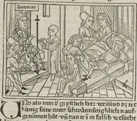 An illustration from Eyn gar loblich ... Cronica sagend von eynem heyligen Kunig mit Namen Josaphat, wie der ward bekeret von eynem heyligen Vatter vnnd Aynsideln genant Barlaam (1476)