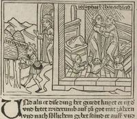 An illustration from Eyn gar loblich ... Cronica sagend von eynem heyligen Kunig mit Namen Josaphat, wie der ward bekeret von eynem heyligen Vatter vnnd Aynsideln genant Barlaam (1476)