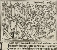 An illustration from Eyn gar loblich ... Cronica sagend von eynem heyligen Kunig mit Namen Josaphat, wie der ward bekeret von eynem heyligen Vatter vnnd Aynsideln genant Barlaam (1476)