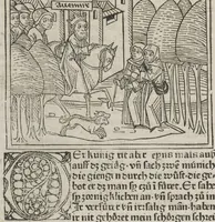 An illustration from Eyn gar loblich ... Cronica sagend von eynem heyligen Kunig mit Namen Josaphat, wie der ward bekeret von eynem heyligen Vatter vnnd Aynsideln genant Barlaam (1476)