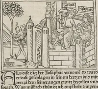 An illustration from Eyn gar loblich ... Cronica sagend von eynem heyligen Kunig mit Namen Josaphat, wie der ward bekeret von eynem heyligen Vatter vnnd Aynsideln genant Barlaam (1476)