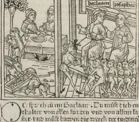 An illustration from Eyn gar loblich ... Cronica sagend von eynem heyligen Kunig mit Namen Josaphat, wie der ward bekeret von eynem heyligen Vatter vnnd Aynsideln genant Barlaam (1476)