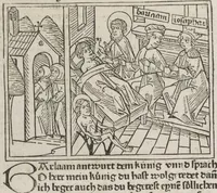 An illustration from Eyn gar loblich ... Cronica sagend von eynem heyligen Kunig mit Namen Josaphat, wie der ward bekeret von eynem heyligen Vatter vnnd Aynsideln genant Barlaam (1476)