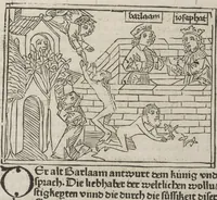 An illustration from Eyn gar loblich ... Cronica sagend von eynem heyligen Kunig mit Namen Josaphat, wie der ward bekeret von eynem heyligen Vatter vnnd Aynsideln genant Barlaam (1476)