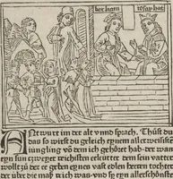 An illustration from Eyn gar loblich ... Cronica sagend von eynem heyligen Kunig mit Namen Josaphat, wie der ward bekeret von eynem heyligen Vatter vnnd Aynsideln genant Barlaam (1476)