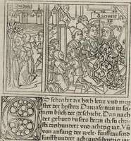 An illustration from Eyn gar loblich ... Cronica sagend von eynem heyligen Kunig mit Namen Josaphat, wie der ward bekeret von eynem heyligen Vatter vnnd Aynsideln genant Barlaam (1476)