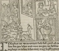 An illustration from Eyn gar loblich ... Cronica sagend von eynem heyligen Kunig mit Namen Josaphat, wie der ward bekeret von eynem heyligen Vatter vnnd Aynsideln genant Barlaam (1476)