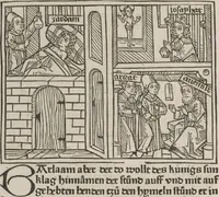 An illustration from Eyn gar loblich ... Cronica sagend von eynem heyligen Kunig mit Namen Josaphat, wie der ward bekeret von eynem heyligen Vatter vnnd Aynsideln genant Barlaam (1476)