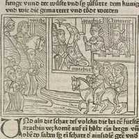 An illustration from Eyn gar loblich ... Cronica sagend von eynem heyligen Kunig mit Namen Josaphat, wie der ward bekeret von eynem heyligen Vatter vnnd Aynsideln genant Barlaam (1476)