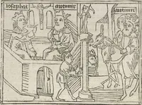 An illustration from Eyn gar loblich ... Cronica sagend von eynem heyligen Kunig mit Namen Josaphat, wie der ward bekeret von eynem heyligen Vatter vnnd Aynsideln genant Barlaam (1476)