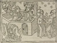 An illustration from Eyn gar loblich ... Cronica sagend von eynem heyligen Kunig mit Namen Josaphat, wie der ward bekeret von eynem heyligen Vatter vnnd Aynsideln genant Barlaam (1476)
