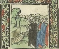 An illustration from Die ghetiden vanden seuen bitscappen Onser Lieuer Vrouwen. Die seuē psalme Onser Lieuer Vrouwen mitter letanie ende Onser Lieuer Vrouwen souter mitten artikelen vanden leuen en̄ passie Ons Heren Ihesu Cristi mitten figuren (1503)