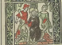 An illustration from Die ghetiden vanden seuen bitscappen Onser Lieuer Vrouwen. Die seuē psalme Onser Lieuer Vrouwen mitter letanie ende Onser Lieuer Vrouwen souter mitten artikelen vanden leuen en̄ passie Ons Heren Ihesu Cristi mitten figuren (1503)