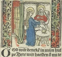 An illustration from Die ghetiden vanden seuen bitscappen Onser Lieuer Vrouwen. Die seuē psalme Onser Lieuer Vrouwen mitter letanie ende Onser Lieuer Vrouwen souter mitten artikelen vanden leuen en̄ passie Ons Heren Ihesu Cristi mitten figuren (1503)