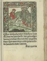 An illustration from Die ghetiden vanden seuen bitscappen Onser Lieuer Vrouwen. Die seuē psalme Onser Lieuer Vrouwen mitter letanie ende Onser Lieuer Vrouwen souter mitten artikelen vanden leuen en̄ passie Ons Heren Ihesu Cristi mitten figuren (1503)