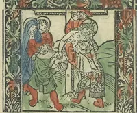 An illustration from Die ghetiden vanden seuen bitscappen Onser Lieuer Vrouwen. Die seuē psalme Onser Lieuer Vrouwen mitter letanie ende Onser Lieuer Vrouwen souter mitten artikelen vanden leuen en̄ passie Ons Heren Ihesu Cristi mitten figuren (1503)