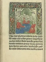 An illustration from Die ghetiden vanden seuen bitscappen Onser Lieuer Vrouwen. Die seuē psalme Onser Lieuer Vrouwen mitter letanie ende Onser Lieuer Vrouwen souter mitten artikelen vanden leuen en̄ passie Ons Heren Ihesu Cristi mitten figuren (1503)