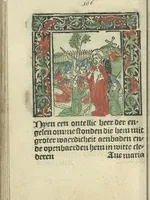An illustration from Die ghetiden vanden seuen bitscappen Onser Lieuer Vrouwen. Die seuē psalme Onser Lieuer Vrouwen mitter letanie ende Onser Lieuer Vrouwen souter mitten artikelen vanden leuen en̄ passie Ons Heren Ihesu Cristi mitten figuren (1503)