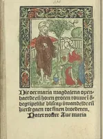 An illustration from Die ghetiden vanden seuen bitscappen Onser Lieuer Vrouwen. Die seuē psalme Onser Lieuer Vrouwen mitter letanie ende Onser Lieuer Vrouwen souter mitten artikelen vanden leuen en̄ passie Ons Heren Ihesu Cristi mitten figuren (1503)