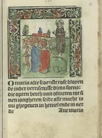 An illustration from Die ghetiden vanden seuen bitscappen Onser Lieuer Vrouwen. Die seuē psalme Onser Lieuer Vrouwen mitter letanie ende Onser Lieuer Vrouwen souter mitten artikelen vanden leuen en̄ passie Ons Heren Ihesu Cristi mitten figuren (1503)