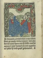 An illustration from Die ghetiden vanden seuen bitscappen Onser Lieuer Vrouwen. Die seuē psalme Onser Lieuer Vrouwen mitter letanie ende Onser Lieuer Vrouwen souter mitten artikelen vanden leuen en̄ passie Ons Heren Ihesu Cristi mitten figuren (1503)