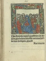 An illustration from Die ghetiden vanden seuen bitscappen Onser Lieuer Vrouwen. Die seuē psalme Onser Lieuer Vrouwen mitter letanie ende Onser Lieuer Vrouwen souter mitten artikelen vanden leuen en̄ passie Ons Heren Ihesu Cristi mitten figuren (1503)