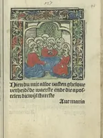An illustration from Die ghetiden vanden seuen bitscappen Onser Lieuer Vrouwen. Die seuē psalme Onser Lieuer Vrouwen mitter letanie ende Onser Lieuer Vrouwen souter mitten artikelen vanden leuen en̄ passie Ons Heren Ihesu Cristi mitten figuren (1503)