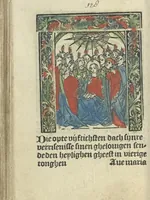An illustration from Die ghetiden vanden seuen bitscappen Onser Lieuer Vrouwen. Die seuē psalme Onser Lieuer Vrouwen mitter letanie ende Onser Lieuer Vrouwen souter mitten artikelen vanden leuen en̄ passie Ons Heren Ihesu Cristi mitten figuren (1503)