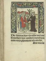 An illustration from Die ghetiden vanden seuen bitscappen Onser Lieuer Vrouwen. Die seuē psalme Onser Lieuer Vrouwen mitter letanie ende Onser Lieuer Vrouwen souter mitten artikelen vanden leuen en̄ passie Ons Heren Ihesu Cristi mitten figuren (1503)