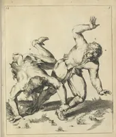 Picture 39 of 74 from Der Künstliche Ringer : oder dess Weyland Wolgeübeten und Berühmten Ring-Meisters Niclaus Petters Kurtze, jedoch Klare Unterweisung und Anleitung zu der Fürtrefflichen Ringe-Kunst: Daraus zulehrnen, evie man sich bey allerhand vorfallenden Schlägereyen fürsichtig beschützen, alle unredliche Anfälle ... abkehren, und seinem bosshafften Ansprenger Kunstgeschicklich begegnen könne (1674), leaf 100