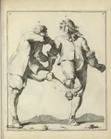 An illustration from Der Künstliche Ringer : oder dess Weyland Wolgeübeten und Berühmten Ring-Meisters Niclaus Petters Kurtze, jedoch Klare Unterweisung und Anleitung zu der Fürtrefflichen Ringe-Kunst: Daraus zulehrnen, evie man sich bey allerhand vorfallenden Schlägereyen fürsichtig beschützen, alle unredliche Anfälle ... abkehren, und seinem bosshafften Ansprenger Kunstgeschicklich begegnen könne (1674)