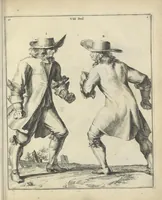 Picture 44 of 74 from Der Künstliche Ringer : oder dess Weyland Wolgeübeten und Berühmten Ring-Meisters Niclaus Petters Kurtze, jedoch Klare Unterweisung und Anleitung zu der Fürtrefflichen Ringe-Kunst: Daraus zulehrnen, evie man sich bey allerhand vorfallenden Schlägereyen fürsichtig beschützen, alle unredliche Anfälle ... abkehren, und seinem bosshafften Ansprenger Kunstgeschicklich begegnen könne (1674), leaf 110
