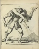 An illustration from Der Künstliche Ringer : oder dess Weyland Wolgeübeten und Berühmten Ring-Meisters Niclaus Petters Kurtze, jedoch Klare Unterweisung und Anleitung zu der Fürtrefflichen Ringe-Kunst: Daraus zulehrnen, evie man sich bey allerhand vorfallenden Schlägereyen fürsichtig beschützen, alle unredliche Anfälle ... abkehren, und seinem bosshafften Ansprenger Kunstgeschicklich begegnen könne (1674)