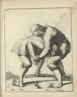 An illustration from Der Künstliche Ringer : oder dess Weyland Wolgeübeten und Berühmten Ring-Meisters Niclaus Petters Kurtze, jedoch Klare Unterweisung und Anleitung zu der Fürtrefflichen Ringe-Kunst: Daraus zulehrnen, evie man sich bey allerhand vorfallenden Schlägereyen fürsichtig beschützen, alle unredliche Anfälle ... abkehren, und seinem bosshafften Ansprenger Kunstgeschicklich begegnen könne (1674)