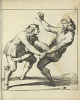 Picture 53 of 74 from Der Künstliche Ringer : oder dess Weyland Wolgeübeten und Berühmten Ring-Meisters Niclaus Petters Kurtze, jedoch Klare Unterweisung und Anleitung zu der Fürtrefflichen Ringe-Kunst: Daraus zulehrnen, evie man sich bey allerhand vorfallenden Schlägereyen fürsichtig beschützen, alle unredliche Anfälle ... abkehren, und seinem bosshafften Ansprenger Kunstgeschicklich begegnen könne (1674), leaf 128