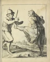 Picture 67 of 74 from Der Künstliche Ringer : oder dess Weyland Wolgeübeten und Berühmten Ring-Meisters Niclaus Petters Kurtze, jedoch Klare Unterweisung und Anleitung zu der Fürtrefflichen Ringe-Kunst: Daraus zulehrnen, evie man sich bey allerhand vorfallenden Schlägereyen fürsichtig beschützen, alle unredliche Anfälle ... abkehren, und seinem bosshafften Ansprenger Kunstgeschicklich begegnen könne (1674), leaf 156