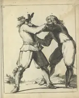 Picture 71 of 74 from Der Künstliche Ringer : oder dess Weyland Wolgeübeten und Berühmten Ring-Meisters Niclaus Petters Kurtze, jedoch Klare Unterweisung und Anleitung zu der Fürtrefflichen Ringe-Kunst: Daraus zulehrnen, evie man sich bey allerhand vorfallenden Schlägereyen fürsichtig beschützen, alle unredliche Anfälle ... abkehren, und seinem bosshafften Ansprenger Kunstgeschicklich begegnen könne (1674), leaf 164