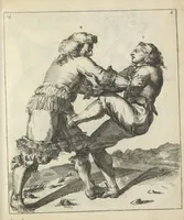 An illustration from Der Künstliche Ringer : oder dess Weyland Wolgeübeten und Berühmten Ring-Meisters Niclaus Petters Kurtze, jedoch Klare Unterweisung und Anleitung zu der Fürtrefflichen Ringe-Kunst: Daraus zulehrnen, evie man sich bey allerhand vorfallenden Schlägereyen fürsichtig beschützen, alle unredliche Anfälle ... abkehren, und seinem bosshafften Ansprenger Kunstgeschicklich begegnen könne (1674)